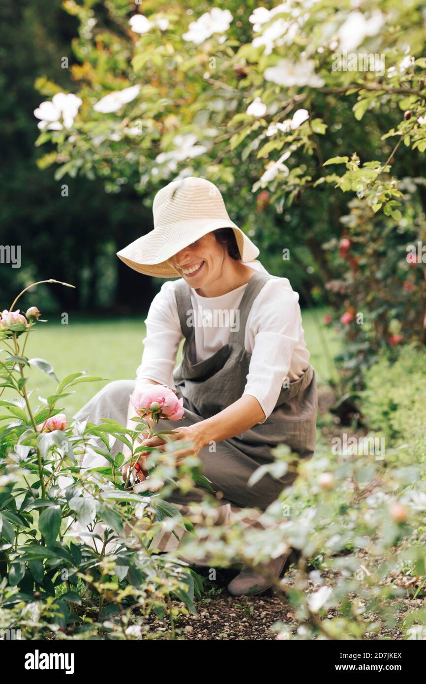 Donna sorridente mentre raccogliendo fiore di rosa in giardino Foto Stock