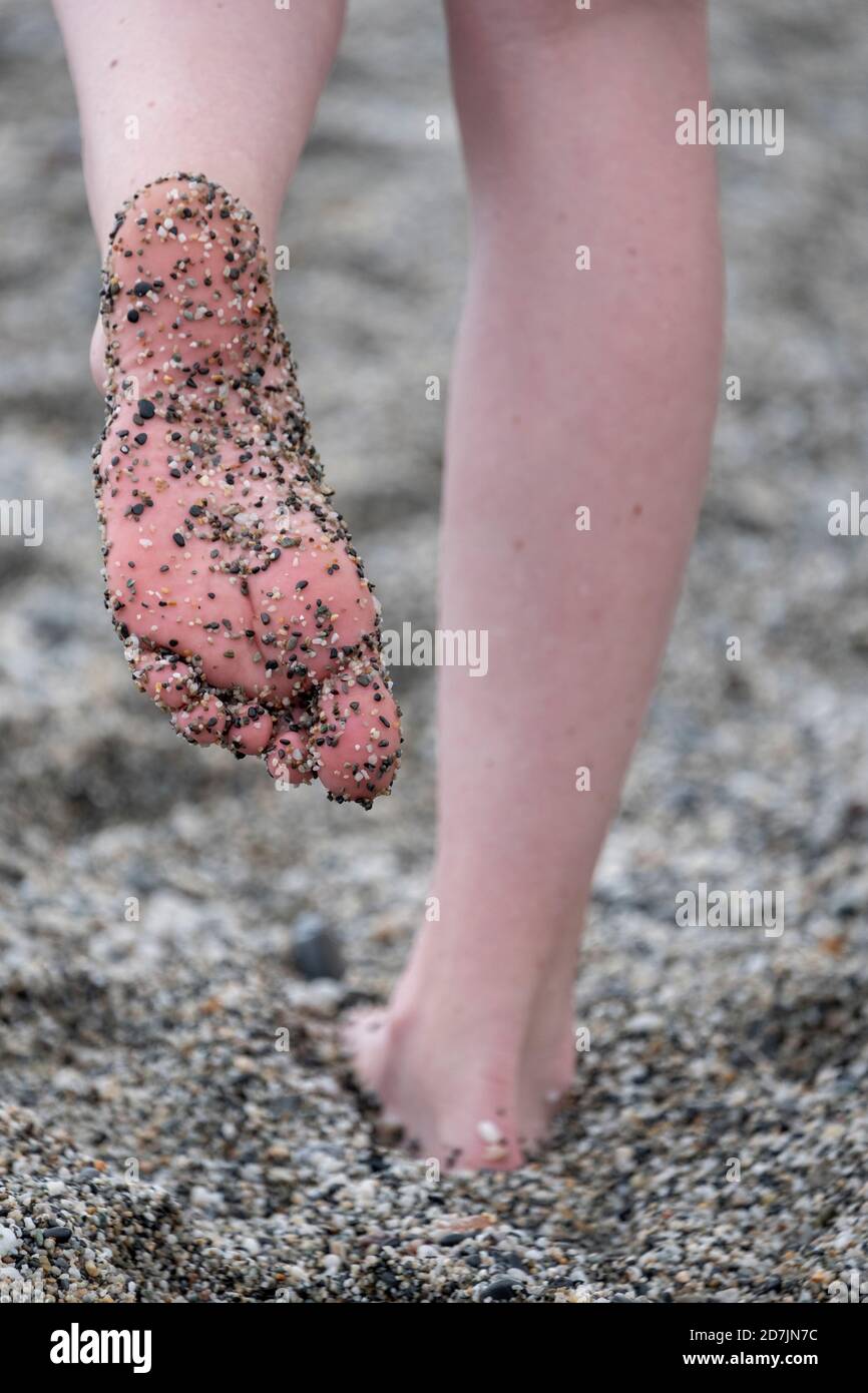 Piede donna coperto di ghiaia in piedi sulla spiaggia Foto Stock