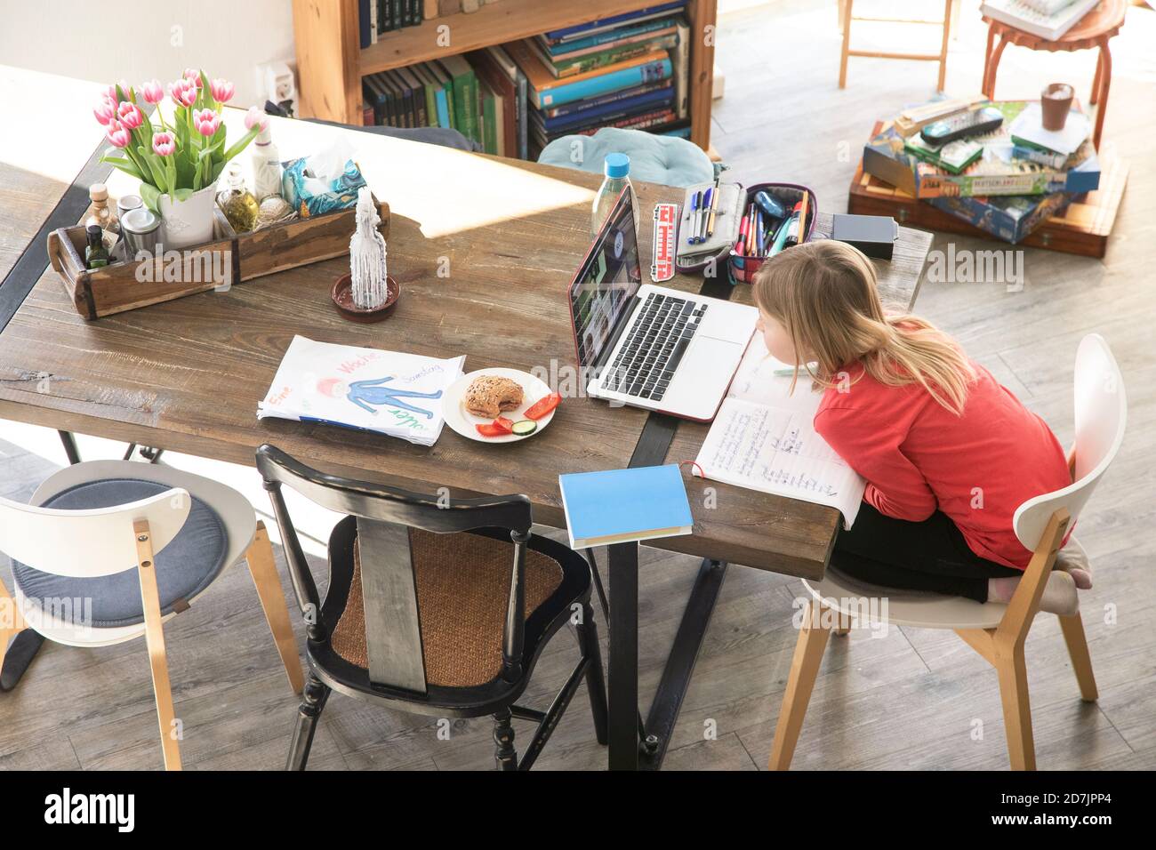 Ragazza che studia su un computer portatile sul tavolo da pranzo a casa Foto Stock