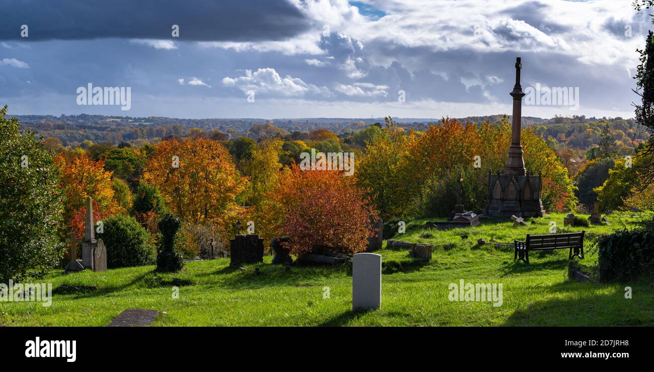 Una panchina si affaccia su una colorata vista autunnale degli alberi dal West Hill Cemetery a Winchester, Hampshire, Inghilterra. Immagine panoramica. Foto Stock