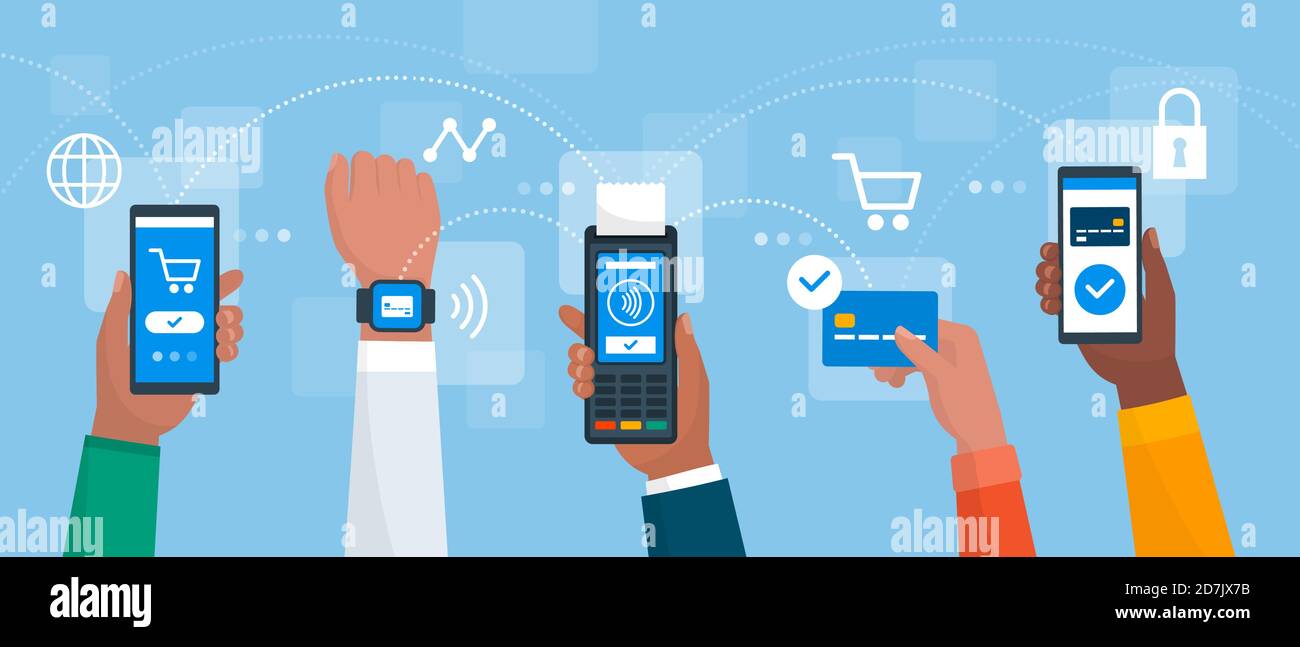 Pagamenti elettronici e transazioni sicure: Persone che pagano con dispositivi mobili e carta di credito Illustrazione Vettoriale