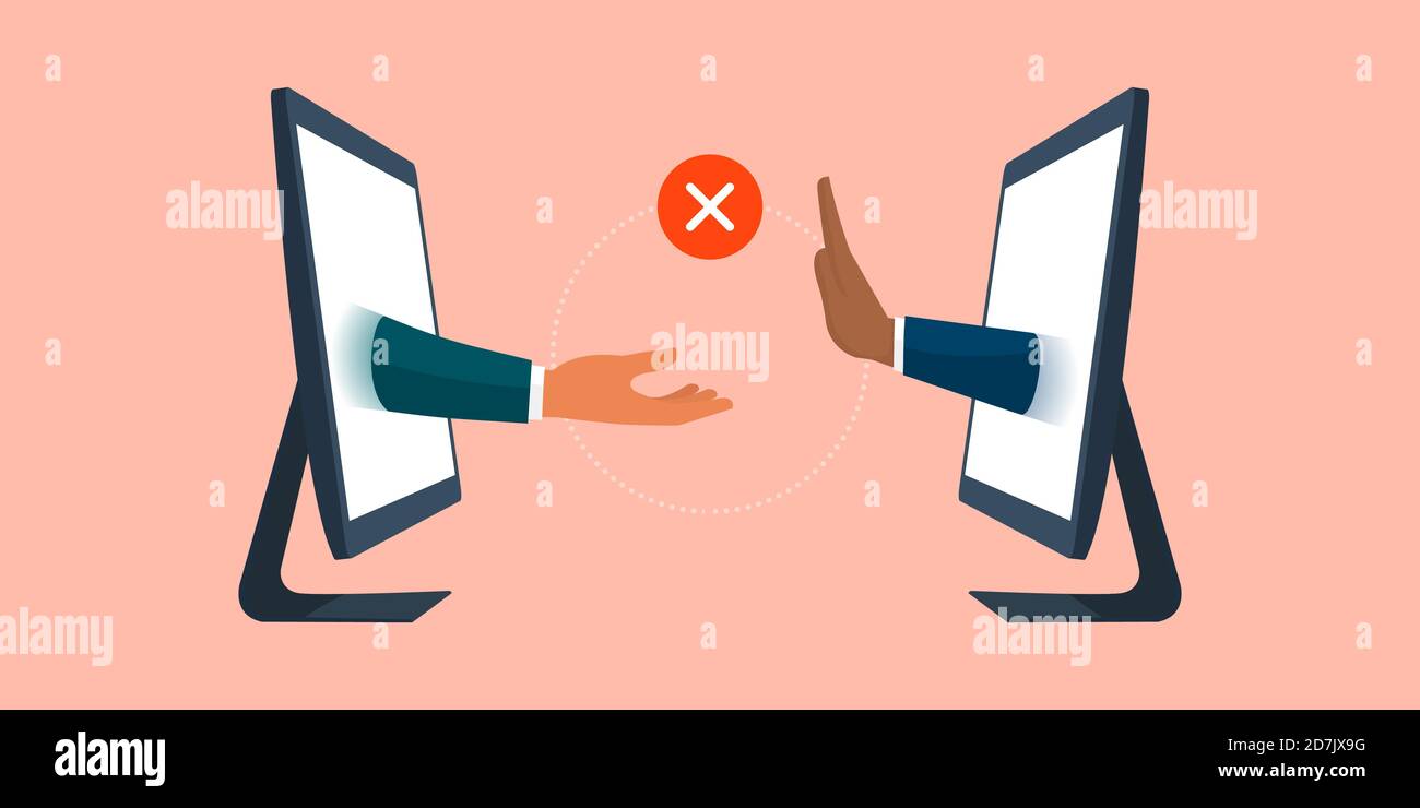 Uomo d'affari che rifiuta un'offerta durante una riunione virtuale, relazioni d'affari e concetto di comunicazione Illustrazione Vettoriale