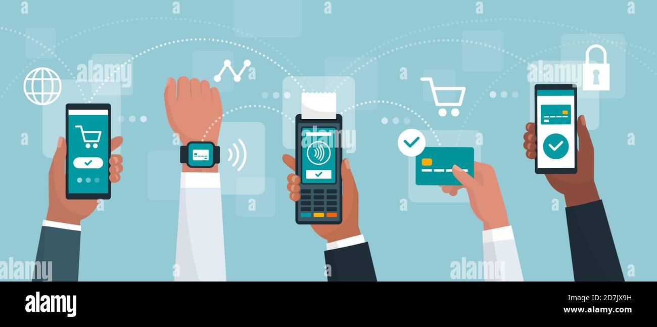 Pagamenti elettronici e transazioni sicure: Persone che pagano con dispositivi mobili e carta di credito Illustrazione Vettoriale