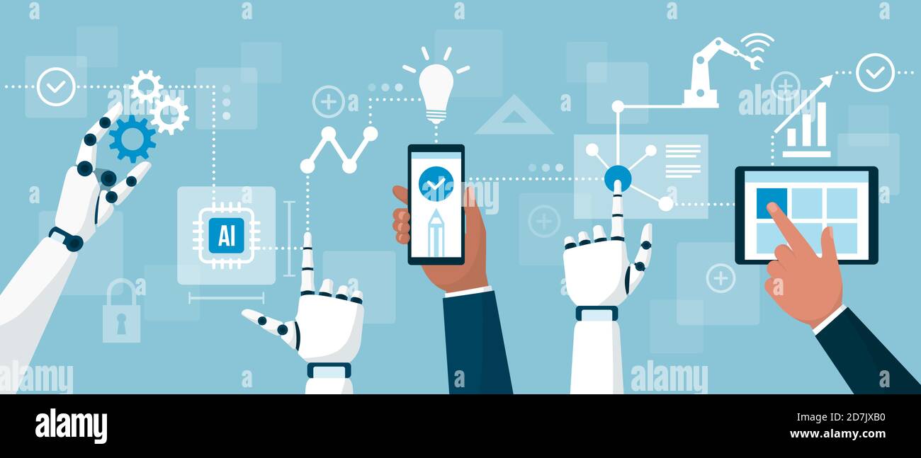 I robot e le persone che interagiscono tra loro in un processo produttivo, in un'intelligenza artificiale e in un concetto di settore intelligente Illustrazione Vettoriale