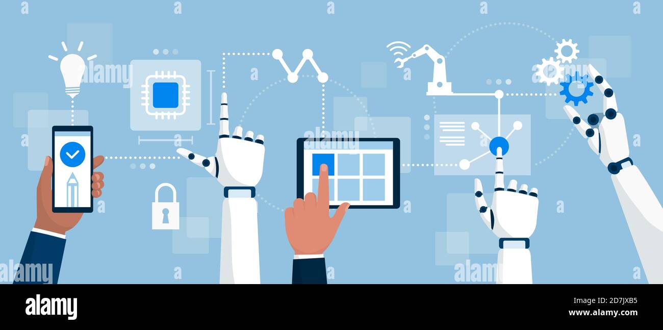 I robot e le persone che interagiscono tra loro in un processo produttivo, in un'intelligenza artificiale e in un concetto di settore intelligente Illustrazione Vettoriale