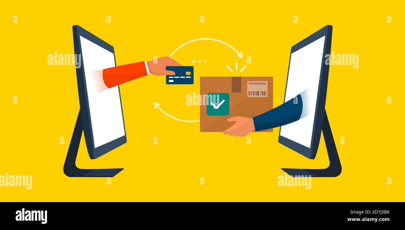 Shopping online e consegna espressa su un sito web di e-commerce: Cliente che paga con una carta di credito e venditore che dà una scatola di consegna Illustrazione Vettoriale