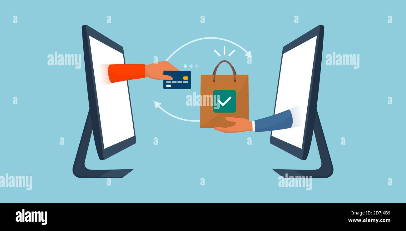 L'utente che acquista un articolo e un venditore che dà un sacchetto di shopping, shopping in linea e concetto di pagamenti elettronici Illustrazione Vettoriale