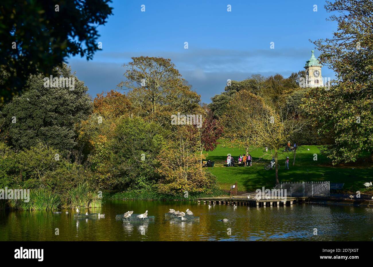 Brighton UK 23 ottobre 2020 - colori autunnali e sole al Queens Park stagno a Brighton oggi . Il tempo è previsto per essere più unstabiled durante il prossimo fine settimana: Credit Simon Dack / Alamy Live News Foto Stock