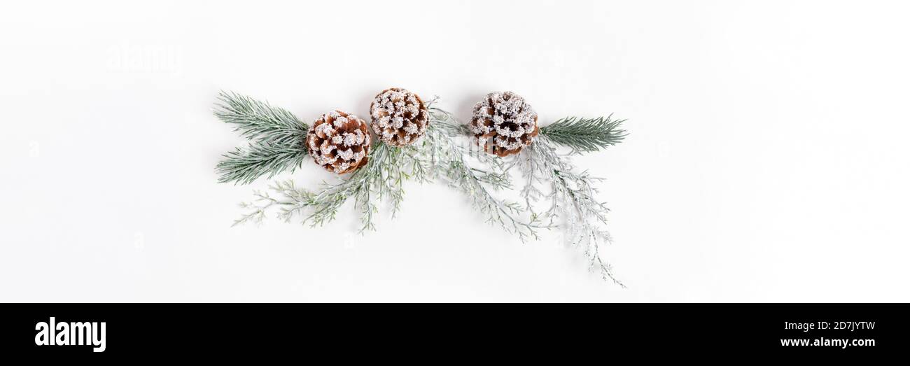 Banner festivo xmas largo con decorazione di Natale riutilizzabile fatto di rami di alberi e coni di pino su sfondo bianco. Foto Stock