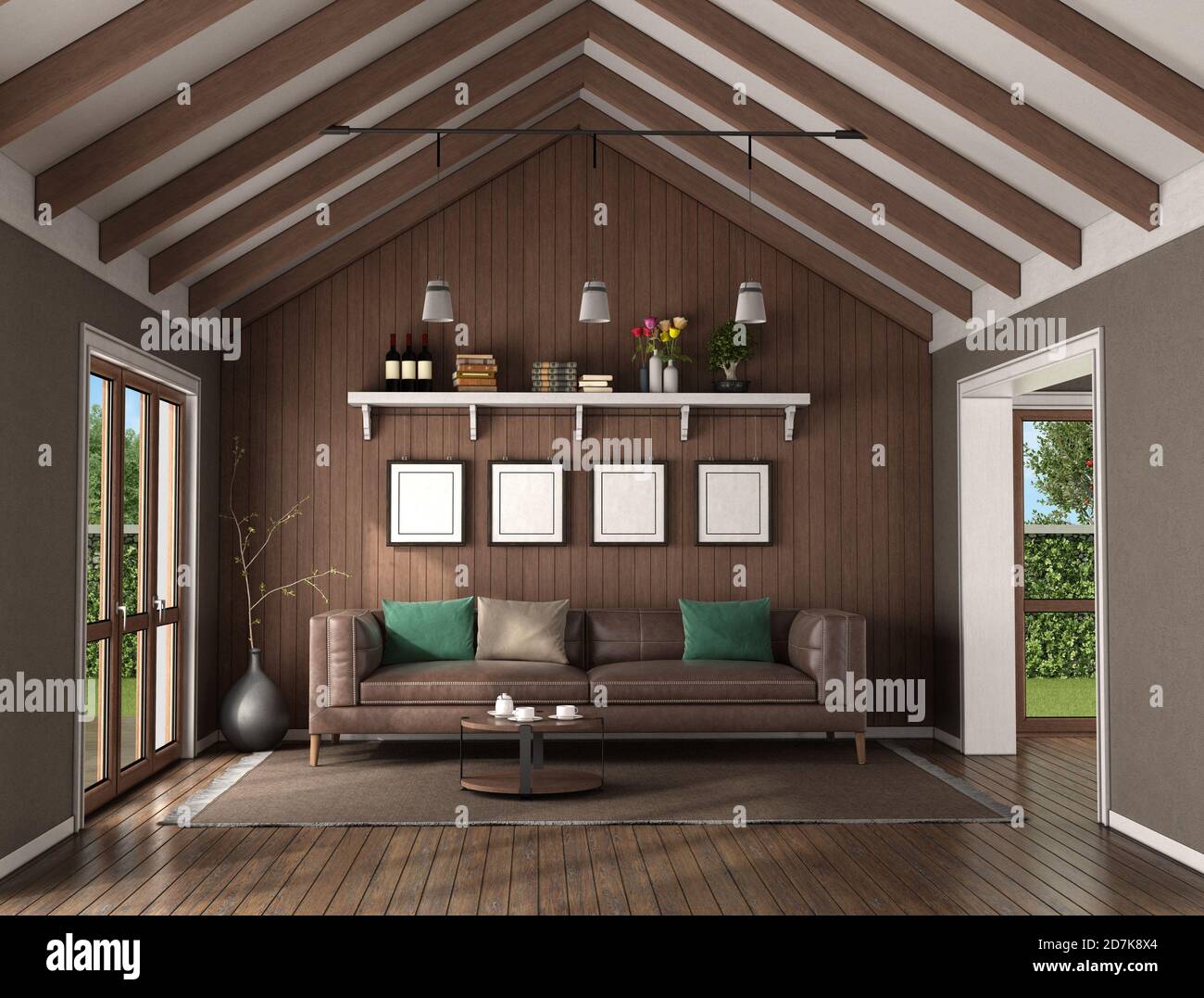 Soggiorno con parete in legno dietro un divano in pelle e. soffitto con travi del tetto - rendering 3d Foto Stock
