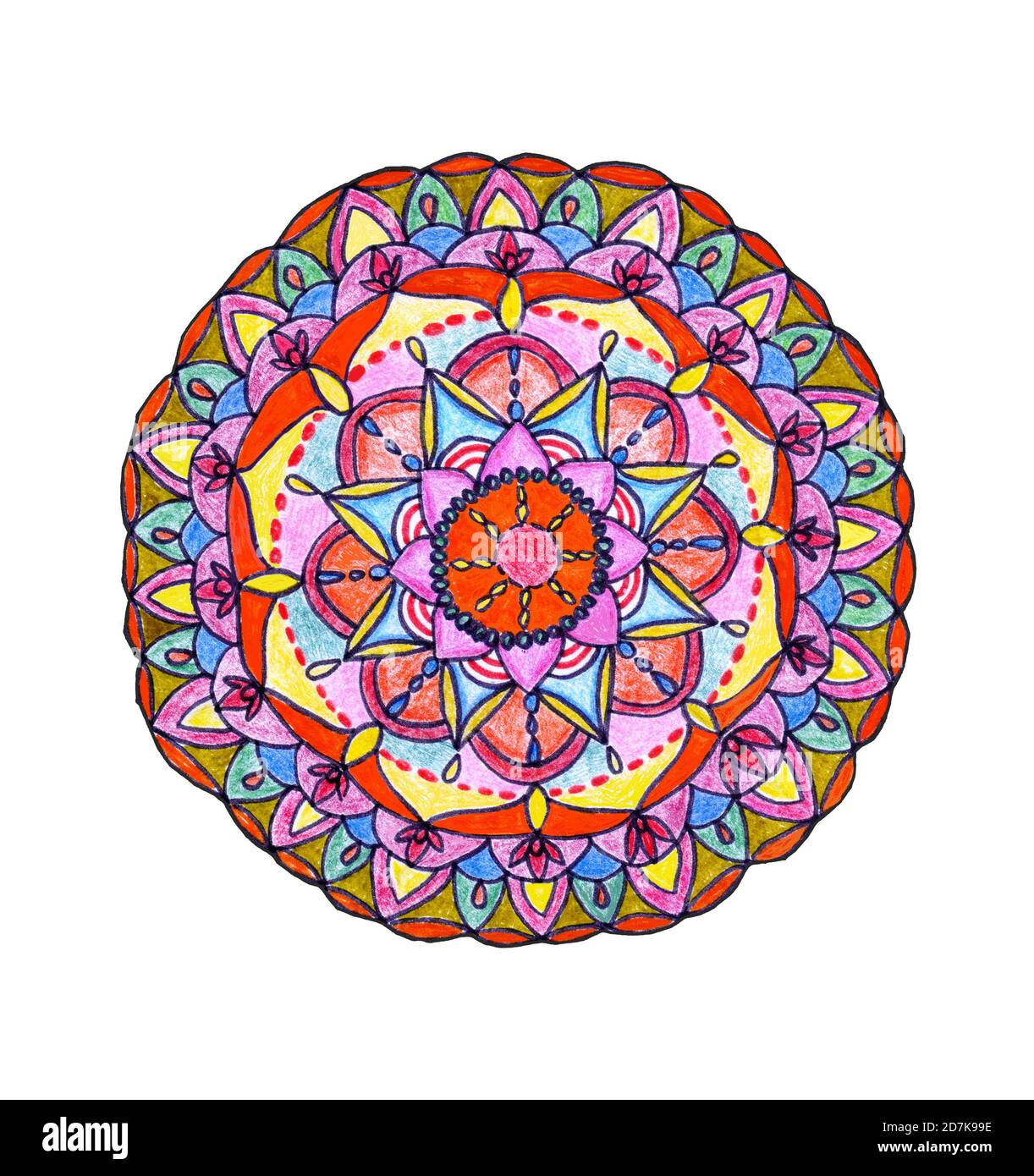 Colorato mandala tondo dipinto con marcatori e matite Foto Stock