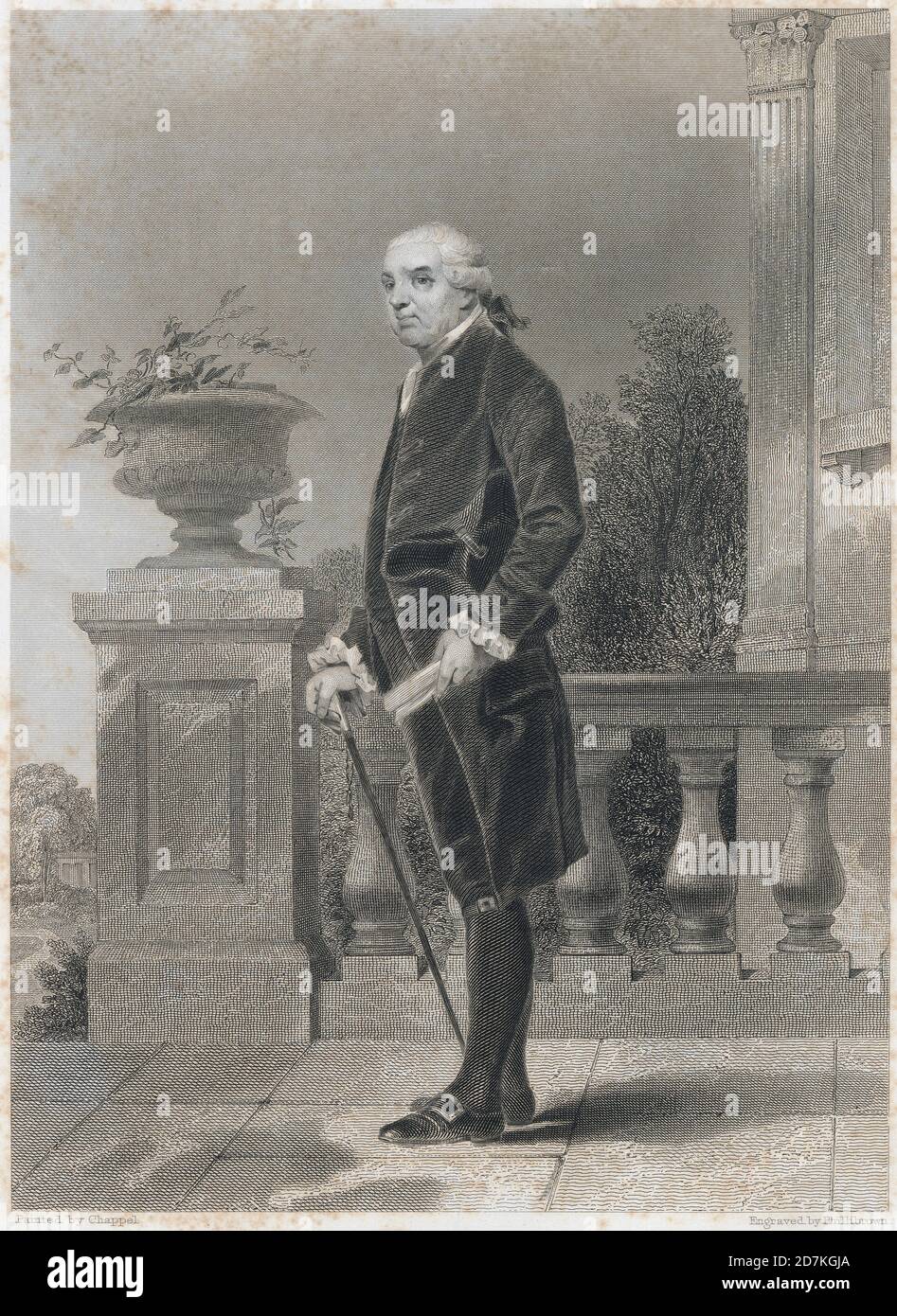 Antica incisione del 1858, Henry Laurens, dal dipinto di Alonzo Chappel. Henry Laurens (1724-1792) era un commerciante americano, un commerciante di schiavi e una piantatrice di riso dalla Carolina del Sud che è diventato un capo politico durante la guerra rivoluzionaria. FONTE: INCISIONE ORIGINALE Foto Stock