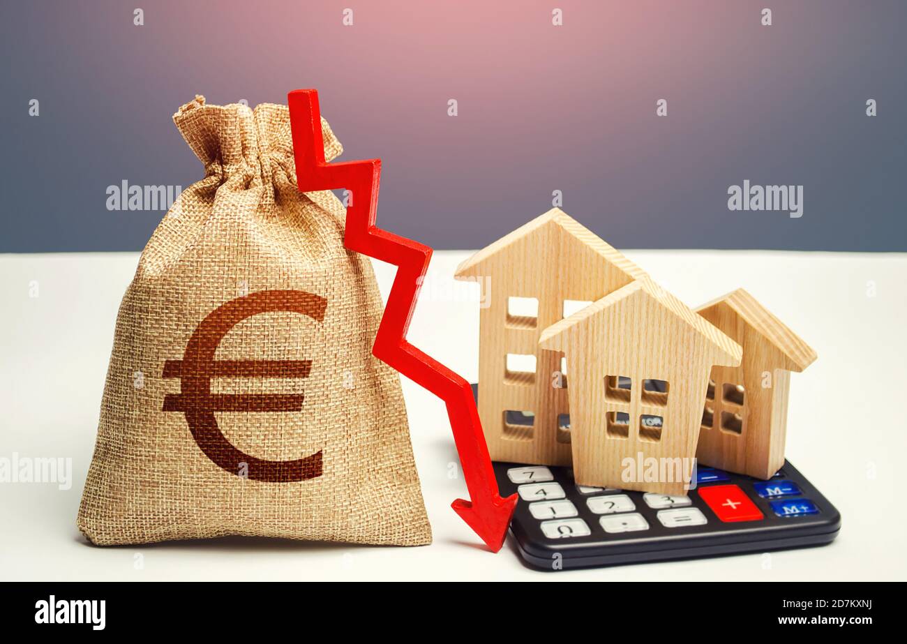 Borsa di denaro euro con freccia in giù e case sulla calcolatrice. Risparmio di risorse e riduzione dei costi di mantenimento, aumento dell'efficienza energetica e della tecnologia. FAL Foto Stock