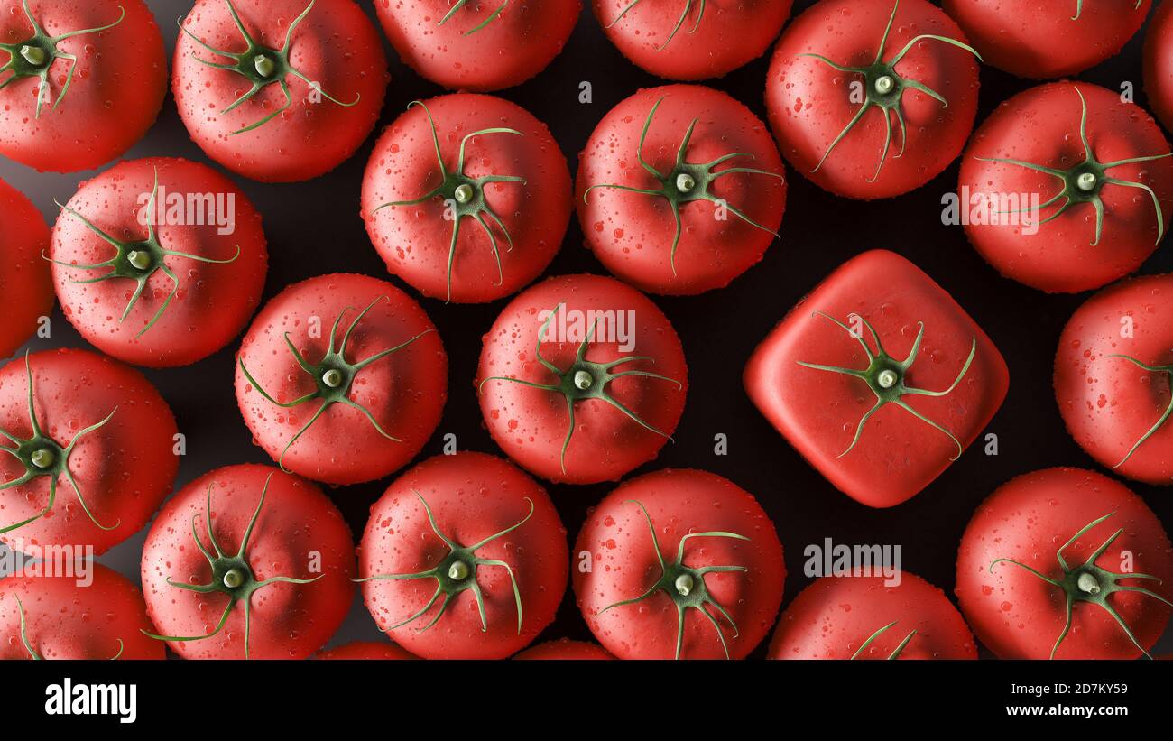 Essere un concetto diverso, pomodori cubici, 3d rendering illustrazione 3d Foto Stock