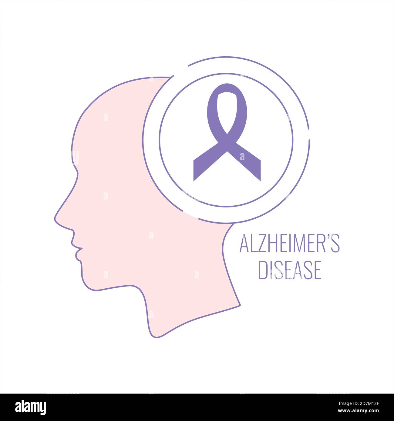 Morbo di Alzheimer, illustrazione concettuale. Il poster della malattia di Alzheimer della silhouette di una donna e nastro di consapevolezza viola su sfondo bianco. Foto Stock