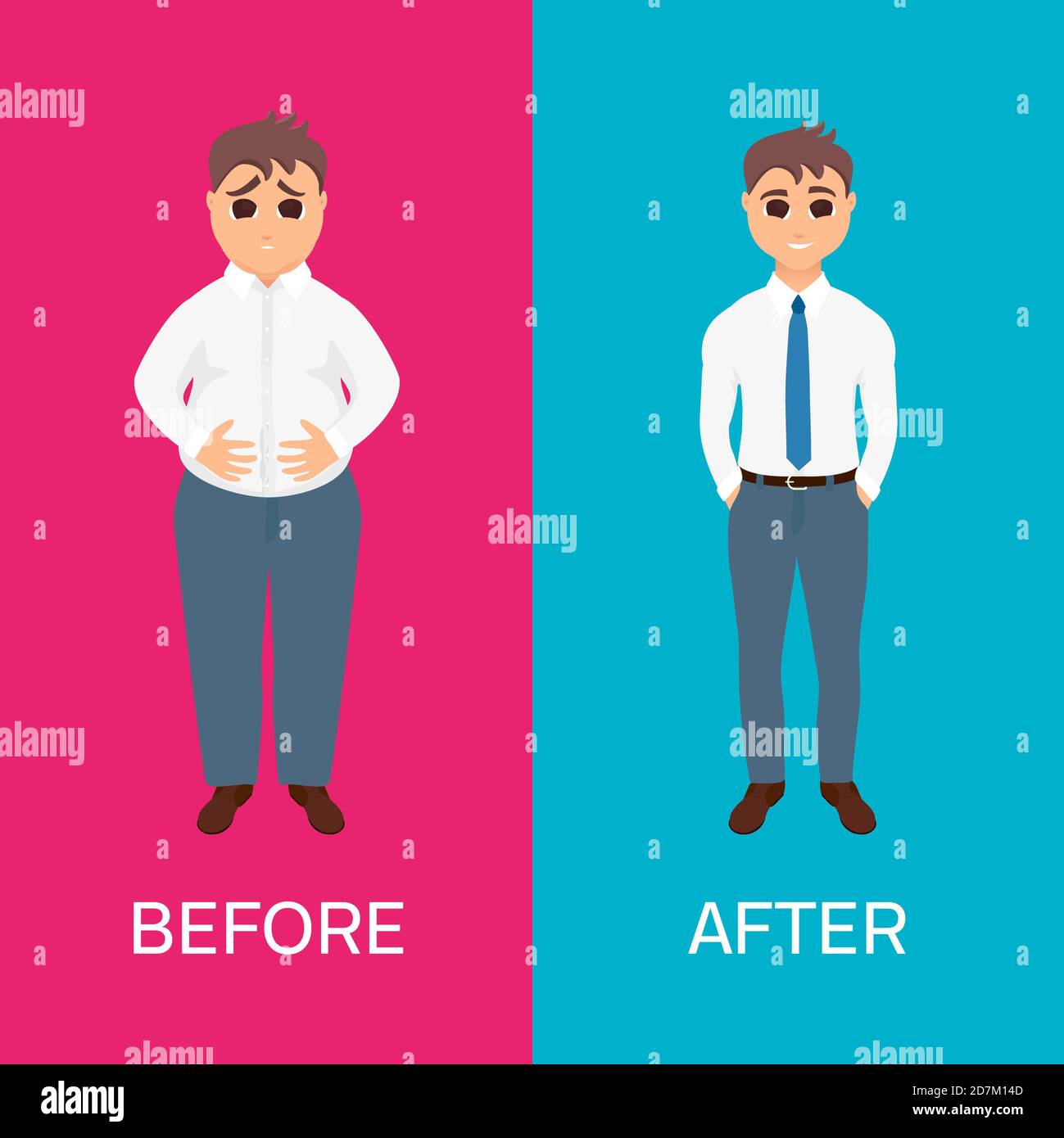 Uomo prima e dopo la perdita di peso, illustrazione. Concetto di dieta e fitness di successo. Foto Stock
