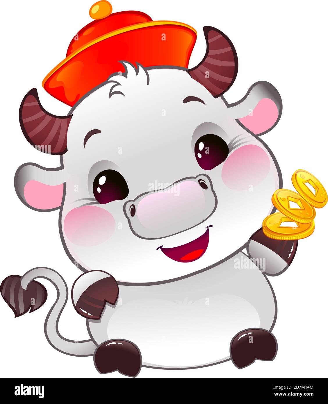 Bianco metallo Ox con Lucky monete d'oro - simbolo di Oroscopo cinese per il nuovo anno Illustrazione Vettoriale