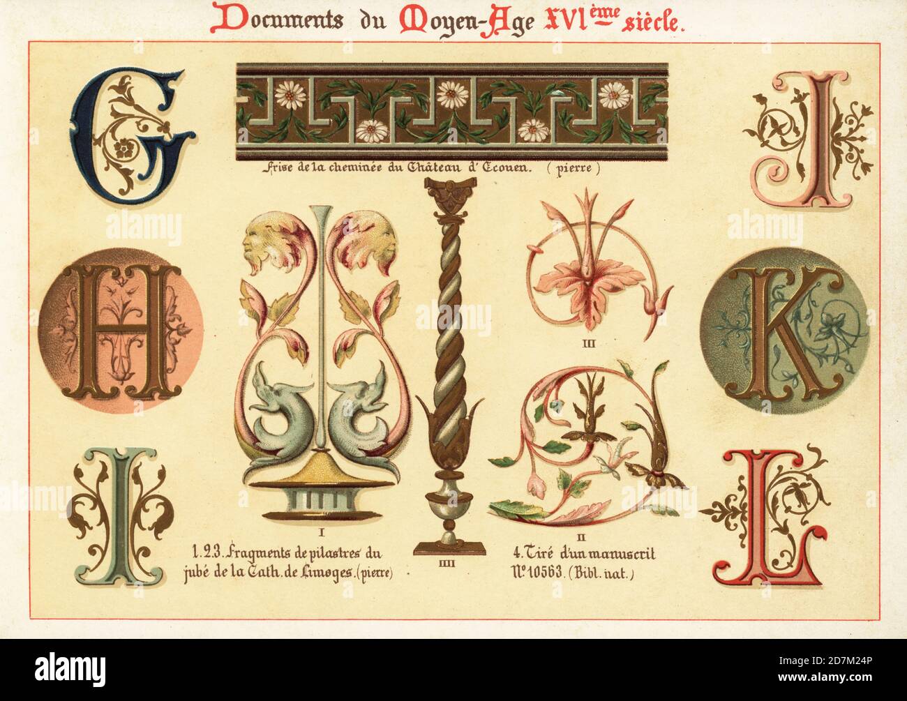 Elementi di design del 16 ° secolo. 1-3 frammenti di pilasters del rood screen nella Cattedrale di Limoges, 4, motivi del manoscritto 10563, fregio da un camino nel Chateau d’Ecouen. Alfabeto dalle lettere iniziali GHIJKL nei documenti del Castello reale di Blois. Chromolithograph progettato e litografato da Ernst Guillot da Elements d'Ornementation du Xvie Siecle, elementi di ornamento del 16 ° secolo, Renouard, Parigi, 1890. Foto Stock