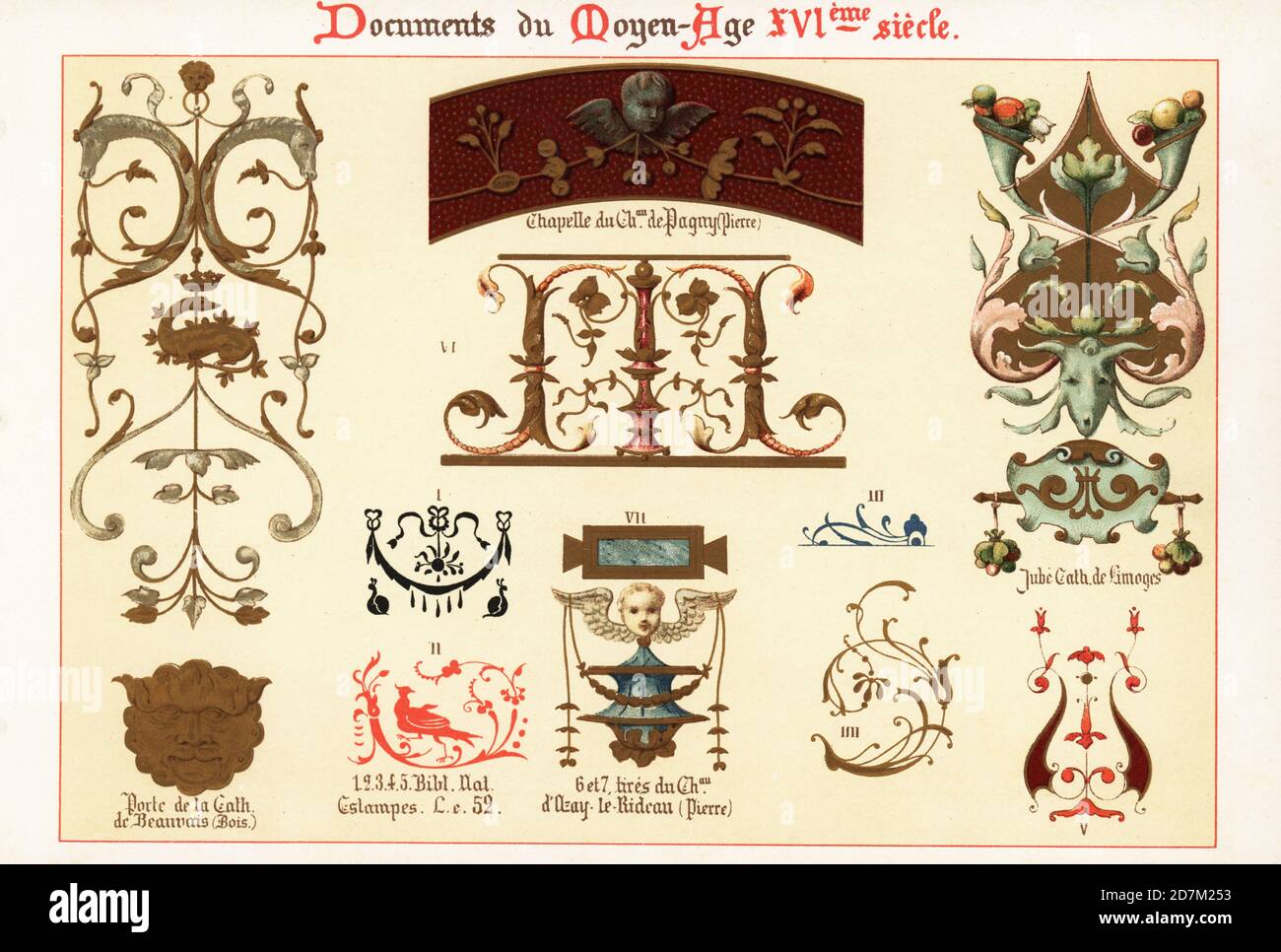 Elementi di design di architettura e manoscritti del 16 ° secolo. 1-5 da una stampa nella Bibliotheque Nationale, 6,7 Chateau d’Ozay-le-Rideau, fregio dalla cappella del castello di Paguy, schermo rood della Cattedrale di Limoges, porta della Cattedrale di Beauvois. Chromolithograph progettato e litografato da Ernst Guillot da Elements d'Ornementation du Xvie Siecle, elementi di ornamento del 16 ° secolo, Renouard, Parigi, 1890. Foto Stock
