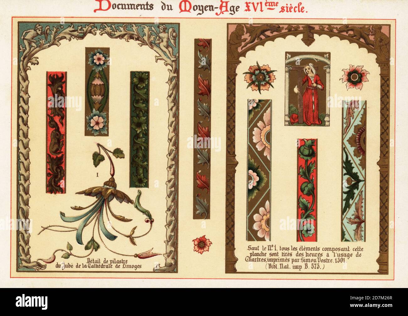 Elementi di design del 16 ° secolo. Confini e fregi di un Libro d'ore utilizzato in Chartres pubblicato da Simon votre nel 1501. Imp. B 575, Bib. NAT., e 1 pilasters rood-screen nella Cattedrale di Limoges. Chromolithograph progettato e litografato da Ernst Guillot da Elements d'Ornementation du Xvie Siecle, elementi di ornamento del 16 ° secolo, Renouard, Parigi, 1890. Foto Stock