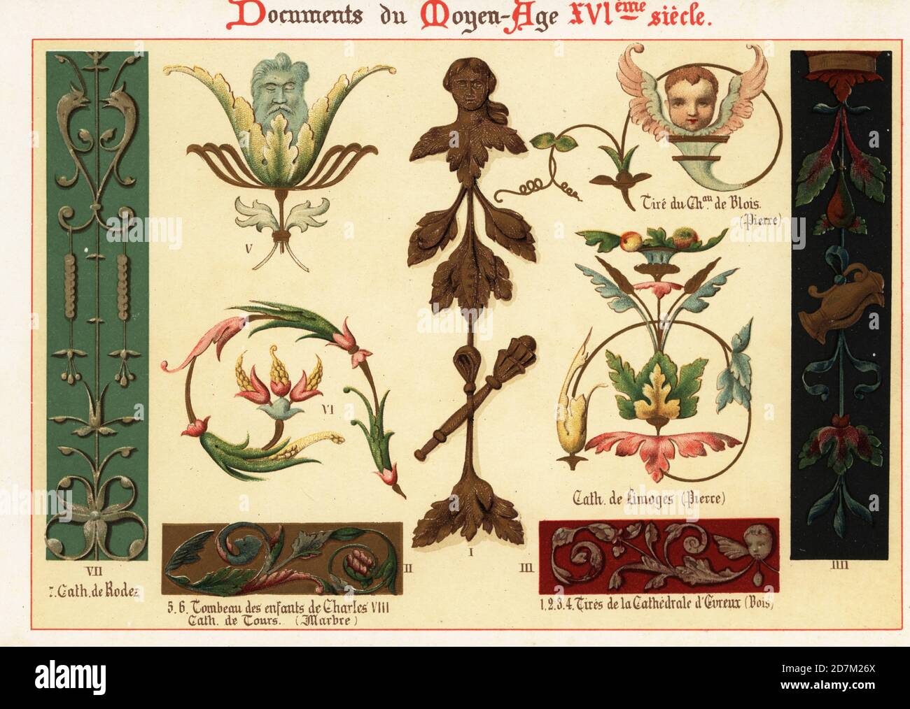 Elementi di design in legno, marmo e pietra di architettura del 16 ° secolo. 1-4 Evreux Cattedrale, 5,6 tomba dei figli di Carlo VIII, Tours Cattedrale, 7 Rodez Cattedrale, Chateau de Blois, Limoges Cattedrale. Chromolithograph progettato e litografato da Ernst Guillot da Elements d'Ornementation du Xvie Siecle, elementi di ornamento del 16 ° secolo, Renouard, Parigi, 1890. Foto Stock
