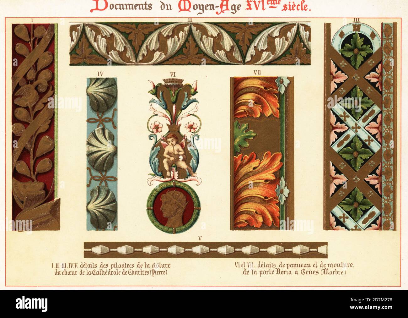 Elementi di design dall'architettura del 16 ° secolo. 1-5 pilastri in pietra dal rood screen della Cattedrale di Chartres, 6,7 particolari di pannelli in marmo e stampaggio nella porta della Villa di Andrea Doria a Genova. Chromolithograph progettato e litografato da Ernst Guillot da Elements d'Ornementation du Xvie Siecle, elementi di ornamento del 16 ° secolo, Renouard, Parigi, 1890. Foto Stock