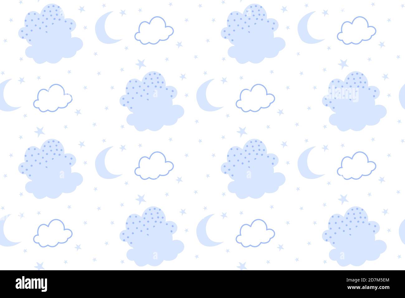 I bambini adorano il motivo senza cuciture della nuvola di doodle blu. Sfondo a colori pastello di nuvole disegnate a mano con macchie circolari, luna. Ideale per tessuti, stampe su carta, decorazioni per sfondi o illustrazioni vettoriali per baby book Illustrazione Vettoriale