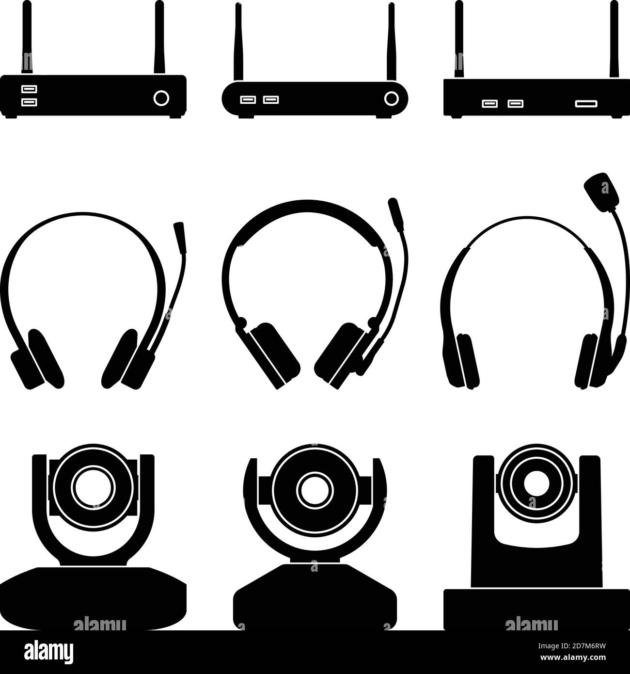 Apparecchiature per sistemi di conferenza e lavoro a distanza. Vettore silhouette Illustrazione Vettoriale