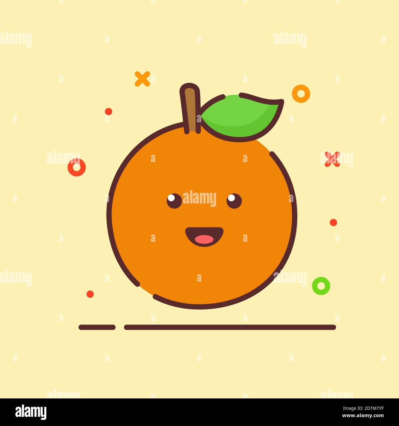Arancio carino mascotte faccia emozione frutta felice con colore piatto stile del contorno del cartone animato Illustrazione Vettoriale