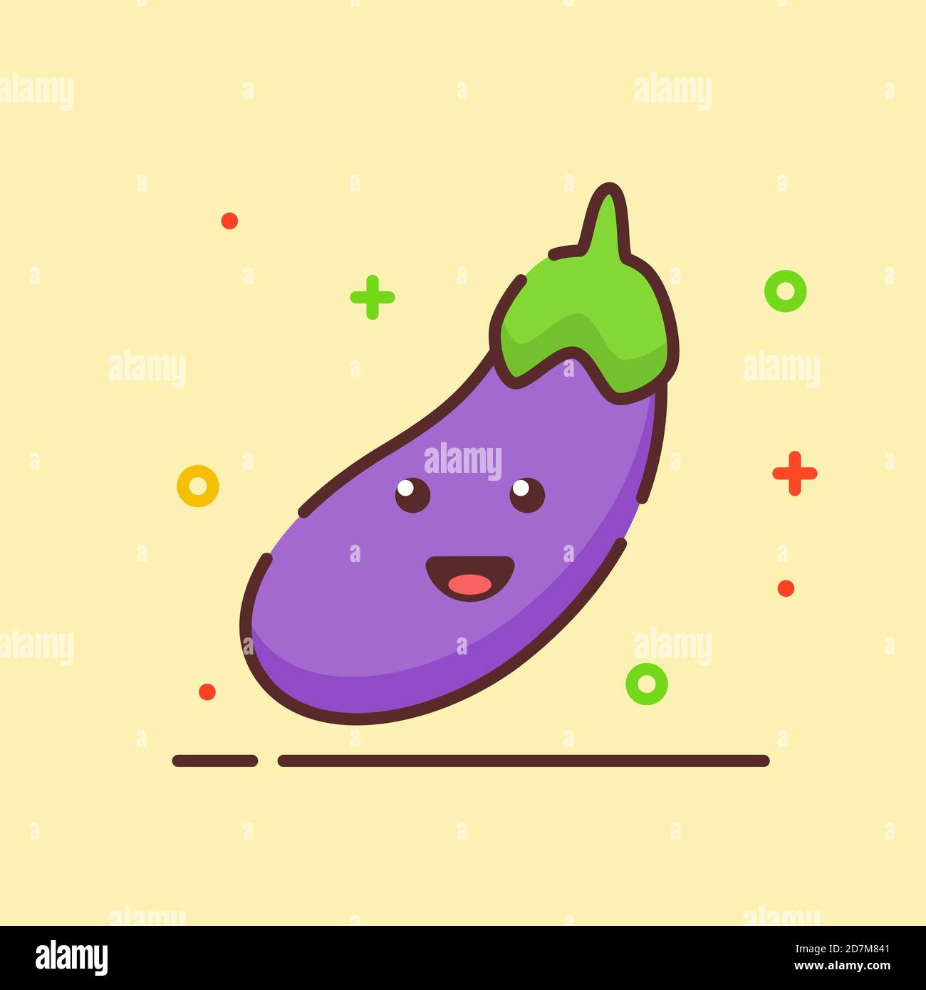 Melanzane carino mascotte viso emozione frutta verdura felice con colore stile contorno cartoon piatto Illustrazione Vettoriale