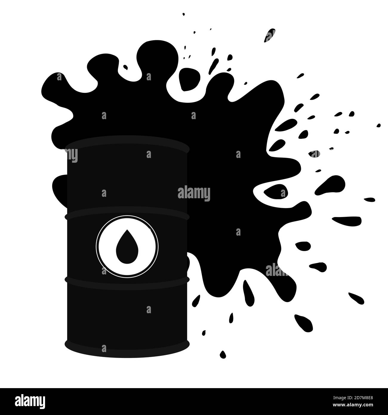 Olio nero versato. Illustrazione vettoriale del cilindro dell'olio, schizzi di olio e gocce intorno. L'oggetto è separato dallo sfondo. Aumento della domanda. Carburante Illustrazione Vettoriale