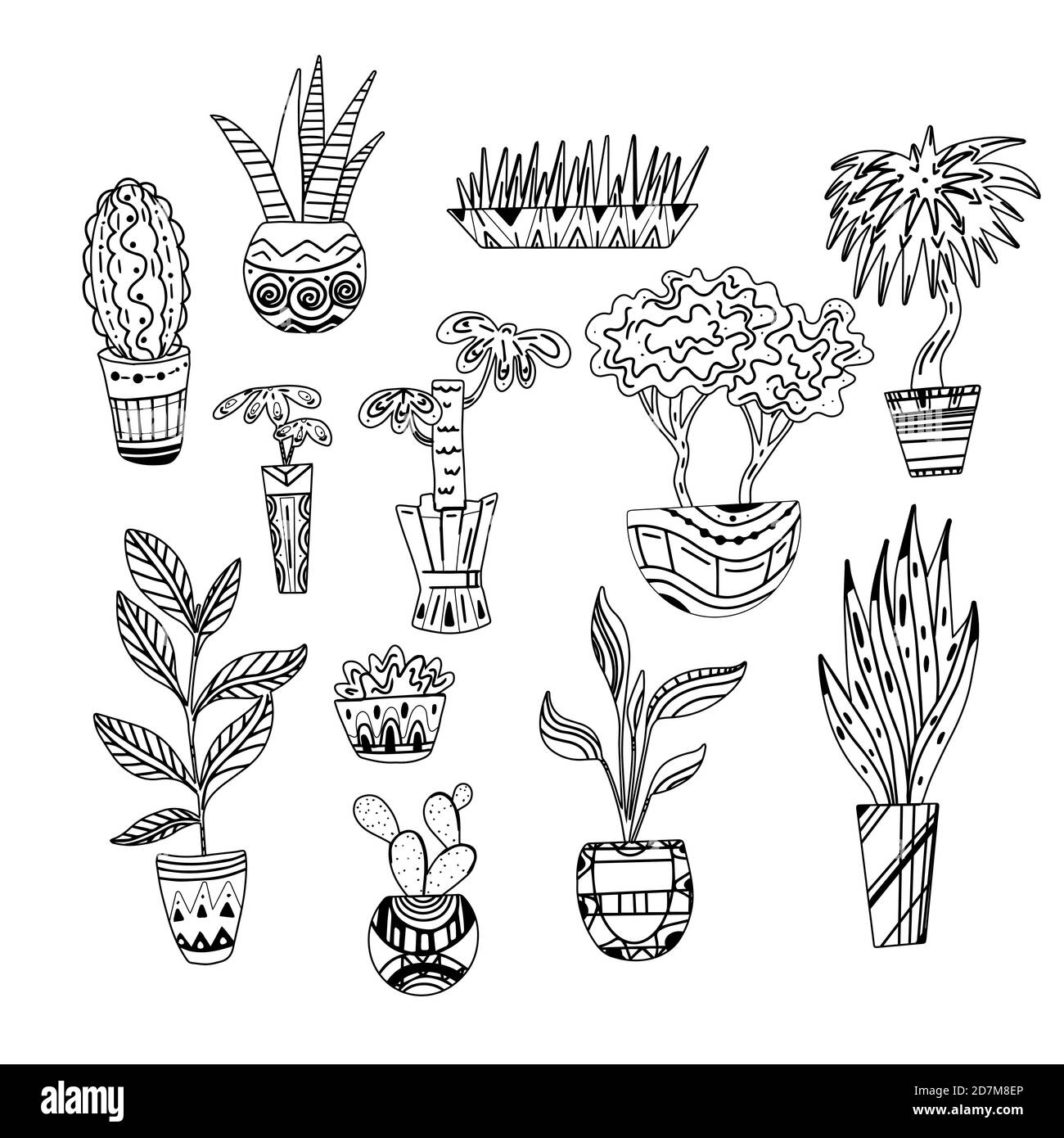 Set di illustrazioni di contorno di fiori domestici con motivi. Impianti line art. Oggetto vettoriale per cartoline, libri da colorare e la vostra creatività. Illustrazione Vettoriale