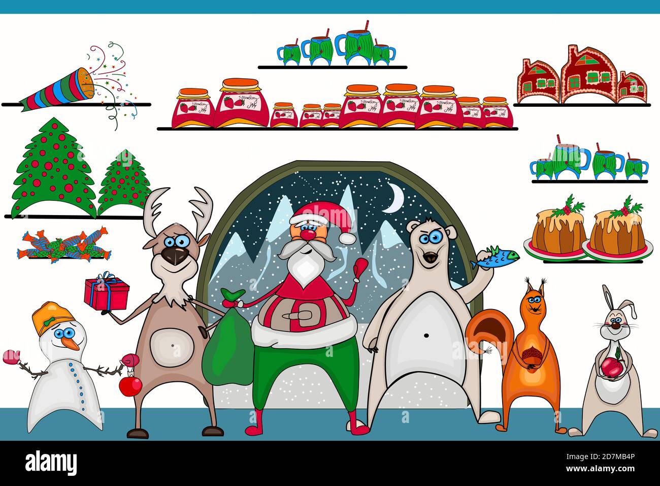 Babbo Natale in soggiorno. Santa con pupazzo di neve, orso, coniglietto, scoiattolo e cervo. Accompagnatori e mensole natalizie con regali natalizi. Vettore stock Illustrazione Vettoriale