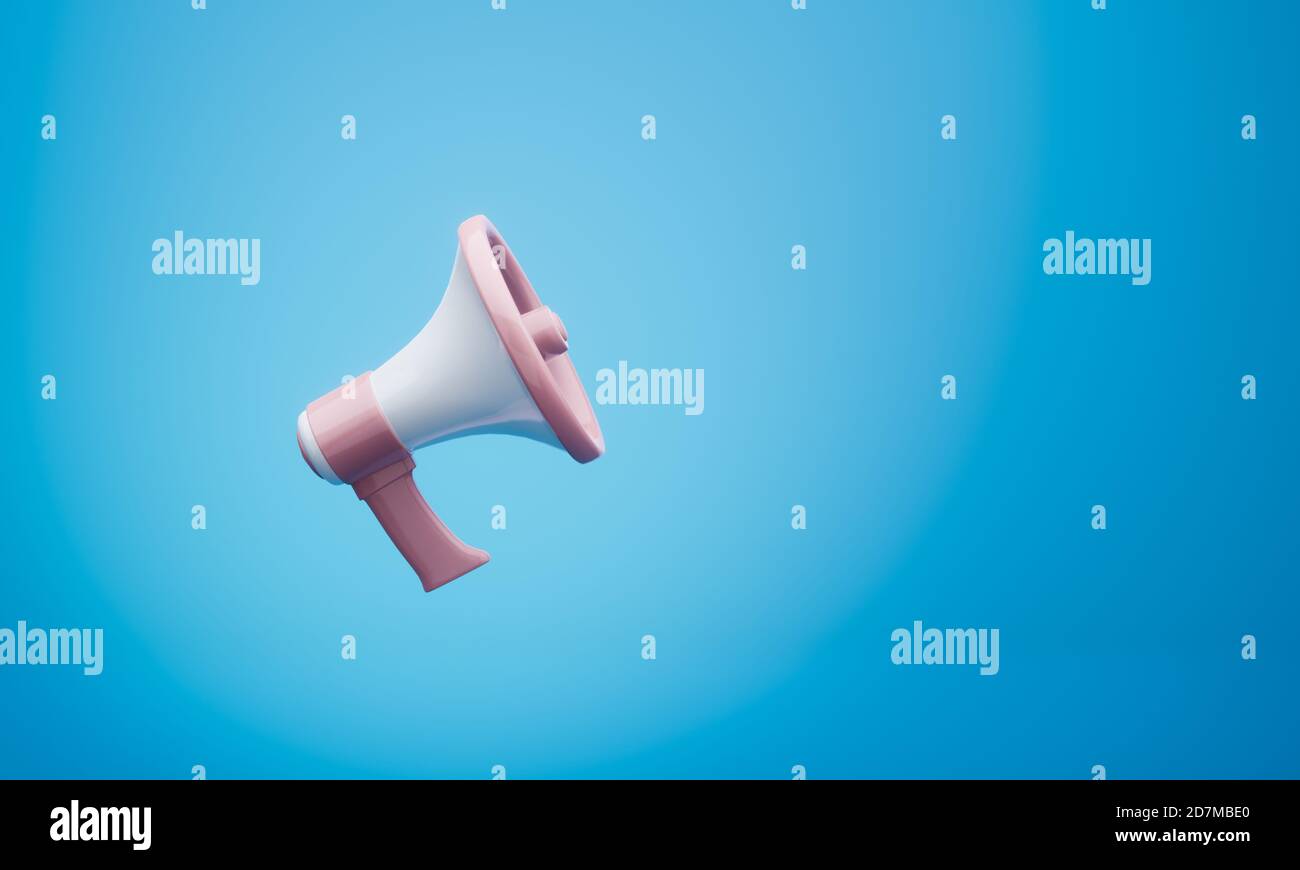 il rendering 3d di un megafono rosa e bianco si blocca uno sfondo blu Foto Stock