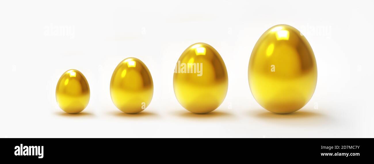Cinque Golden Egg di varie dimensioni che rappresentano la sicurezza finanziaria contro uno sfondo bianco Foto Stock