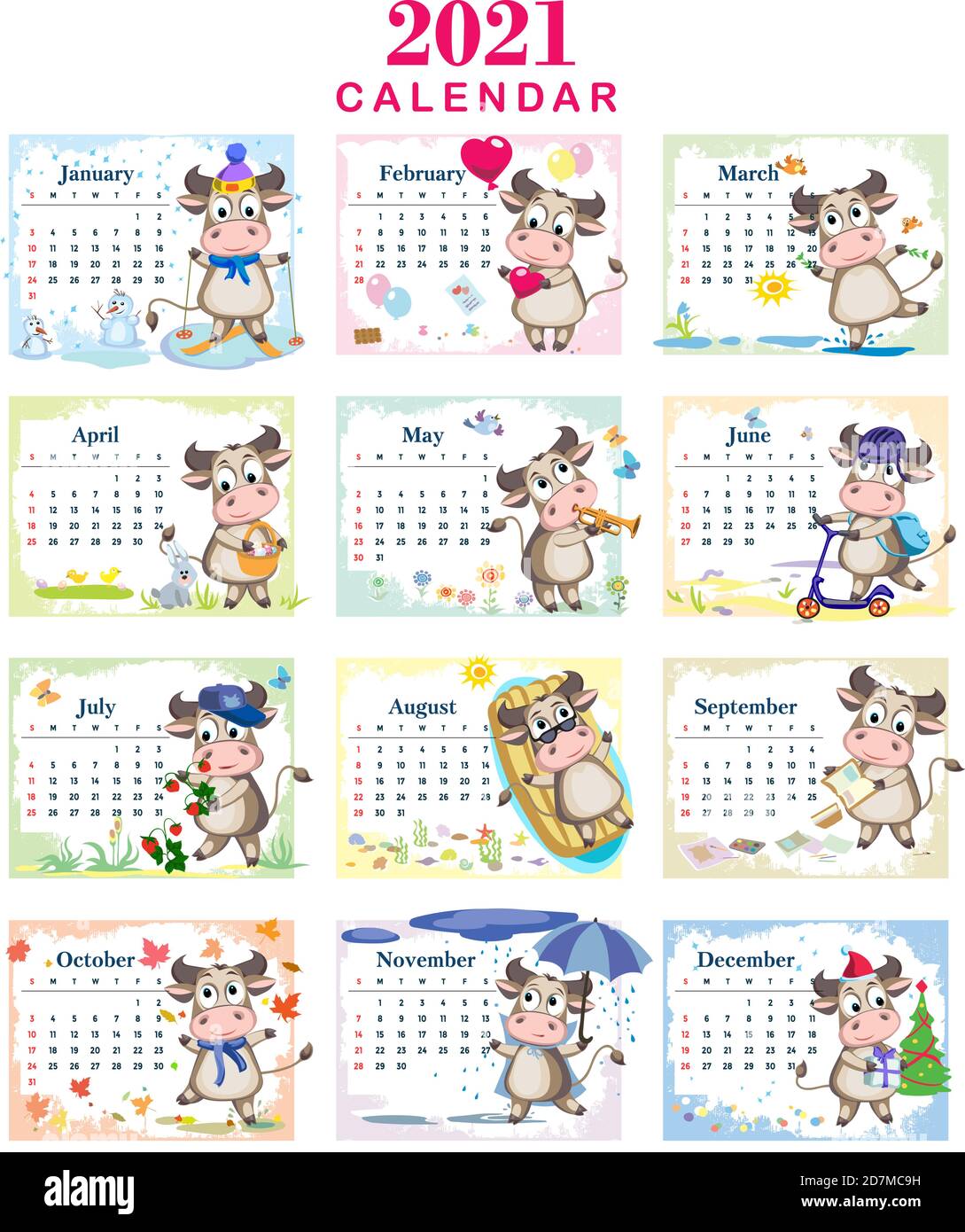 Calendario dei bambini per il 2021 - anno di bull. I tori simpatici si divertono e si rilassano. Modello vettoriale cartoon per calendario o pianificatore. Illustrazione Vettoriale
