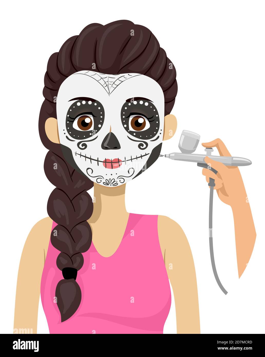 Illustrazione di una ragazza teenage che ha aria pennello trucco per Il suo Costume di Skull di zucchero Foto Stock