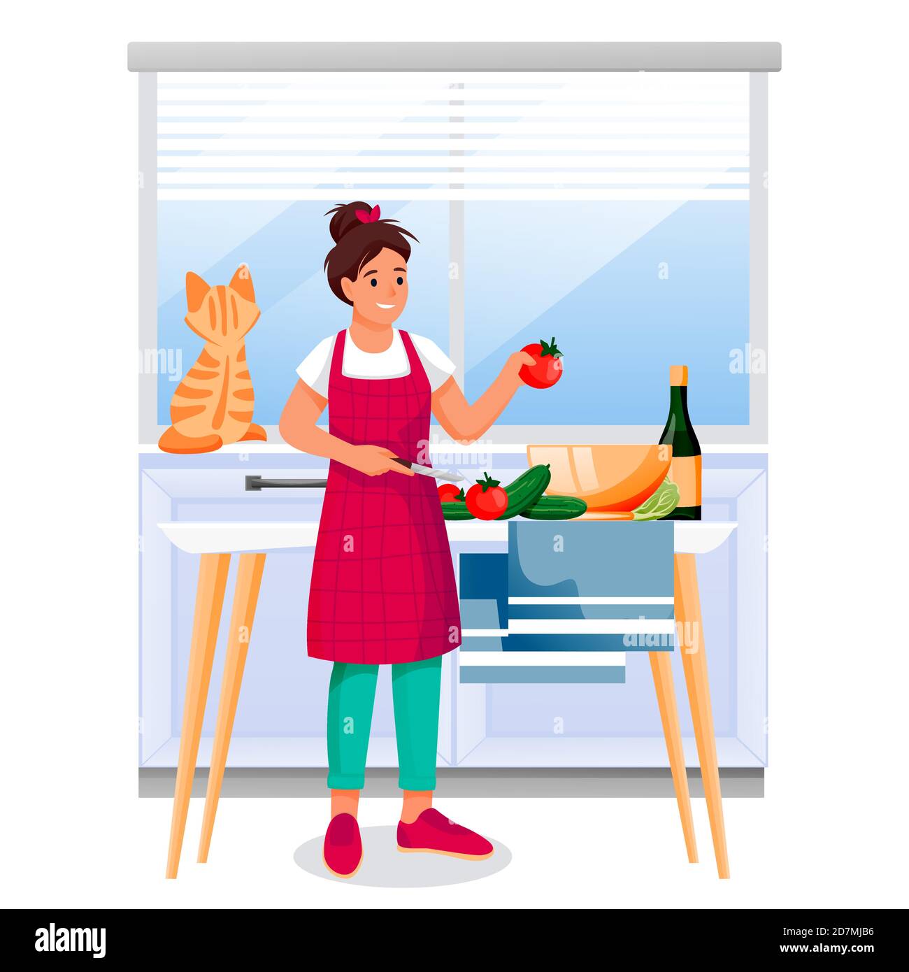 Buona donna che cucina insalata di verdure in cucina. Giovane ragazza con gatto rosso fa sano pranzo o cena dietica. Illustrazione vettoriale. Ricette per pasti a domicilio, Illustrazione Vettoriale