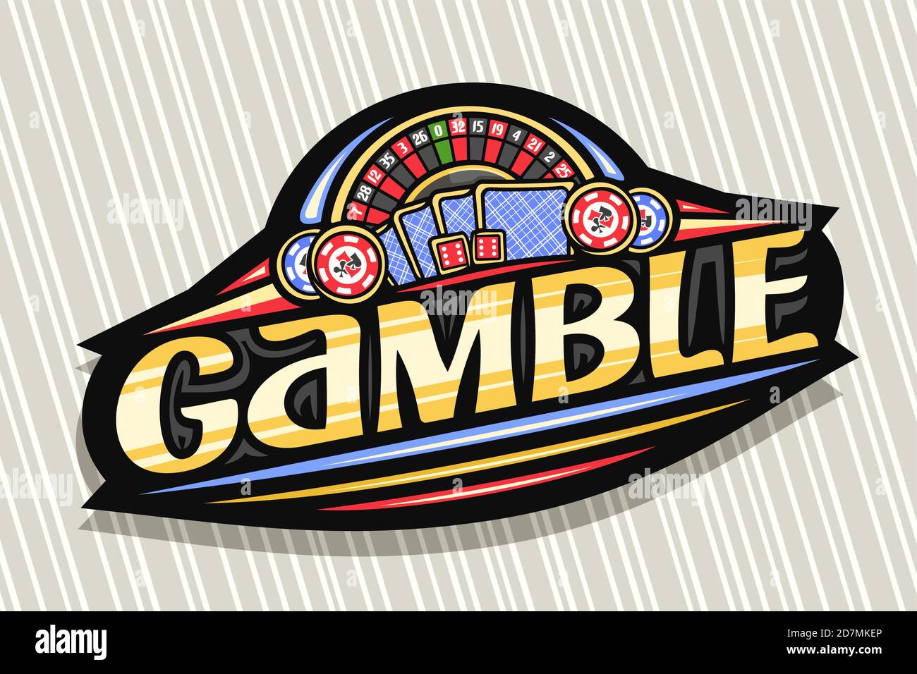 Logo vettoriale per Gamble, badge moderno scuro con illustrazione della roulette vista dall'alto e carte da gioco sul retro, scritta arancione unica per il gioco di parole, gioco d'azzardo Illustrazione Vettoriale Logo vettoriale per Gamble, badge moderno scuro con illustrazione della roulette vista dall'alto e carte da gioco sul retro, scritta arancione unica per il gioco di parole, gioco d'azzardo Illustrazione Vettoriale