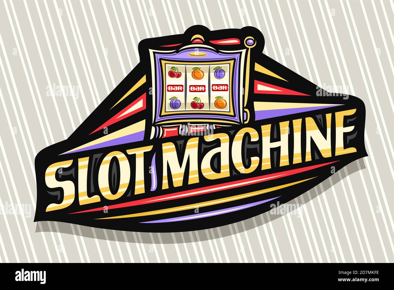 Logo vettoriale per slot Machine, badge scuro moderno con illustrazione del dispositivo di gioco, scritta unica per parole gialle slot machine, logo del gioco d'azzardo boar Illustrazione Vettoriale