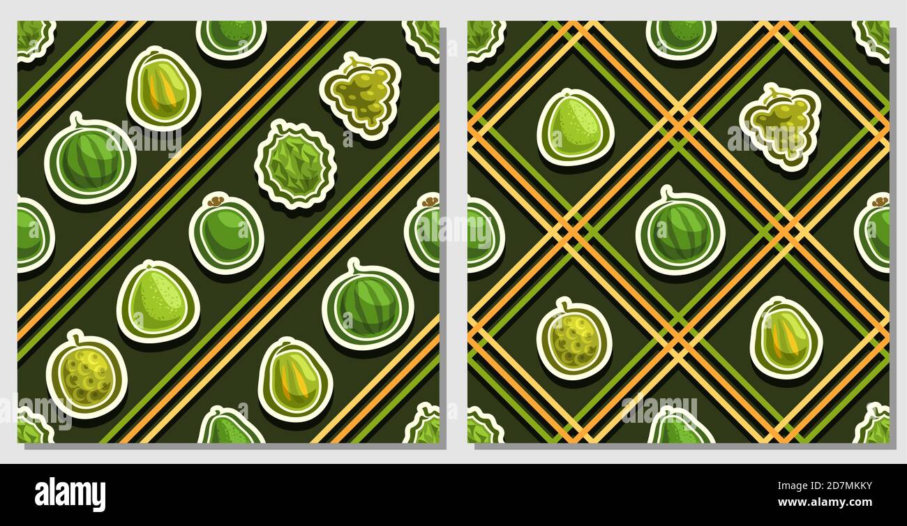 Vector Fruit motivi senza giunture, 2 sfondi quadrati di frutti che si ripetono, set di illustrazioni isolate di frutti estivi su sfondo scuro, compatibile se Illustrazione Vettoriale