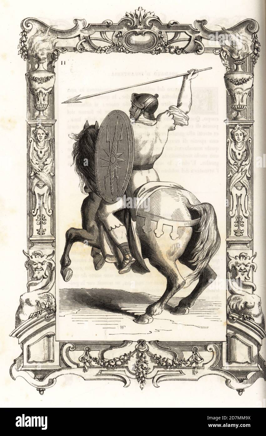 Costume di un antico cavalcino romano chiaro. Indossa un casco in pelle, una tunica, porta uno scudo e una freccetta, o una freccia di lancio. All'interno di una cornice decorativa incisa da H. Catenacci e Fellmann. Incisione di blocchi di legno di Gerard Seguin e E.F. Huyot dopo un taglio di legno di Christoph Krieger dai costumi di Cesare Vecellio del XVI secolo anciens et modernes, Habiti antichi et moderni di tutto il mondo, Firman Didot Ferris Fils, Parigi, 1859-1860. Foto Stock Costume di un antico cavalcino romano chiaro. Indossa un casco in pelle, una tunica, porta uno scudo e una freccetta, o una freccia di lancio. All'interno di una cornice decorativa incisa da H. Catenacci e Fellmann. Incisione di blocchi di legno di Gerard Seguin e E.F. Huyot dopo un taglio di legno di Christoph Krieger dai costumi di Cesare Vecellio del XVI secolo anciens et modernes, Habiti antichi et moderni di tutto il mondo, Firman Didot Ferris Fils, Parigi, 1859-1860. Foto Stock