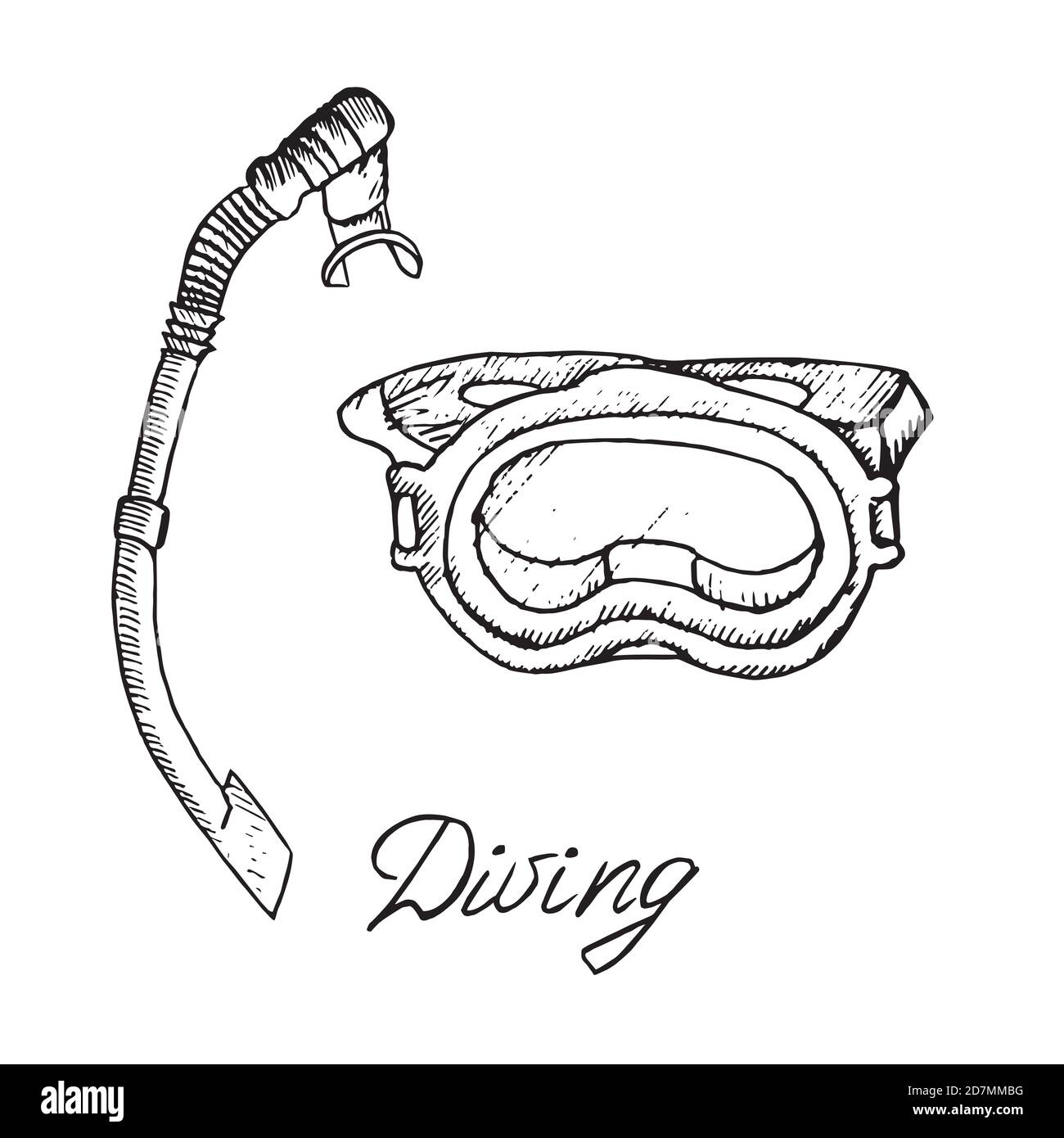 Maschera subacquea e snorkeling, schizzo di doodle disegnato a mano con iscrizione, illustrazione del contorno isolata Foto Stock