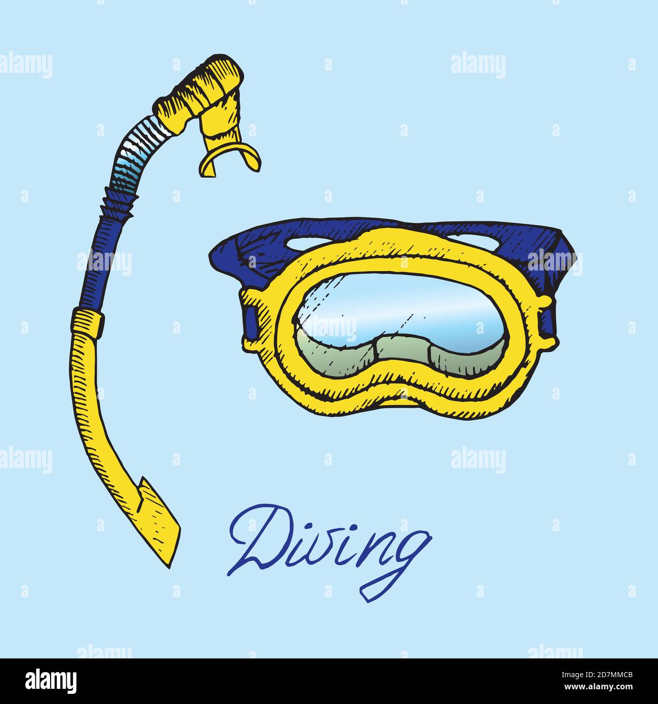 Maschera subacquea blu e gialla e snorkeling, schizzo di doodle disegnato a mano con iscrizione, illustrazione a colori isolata Foto Stock