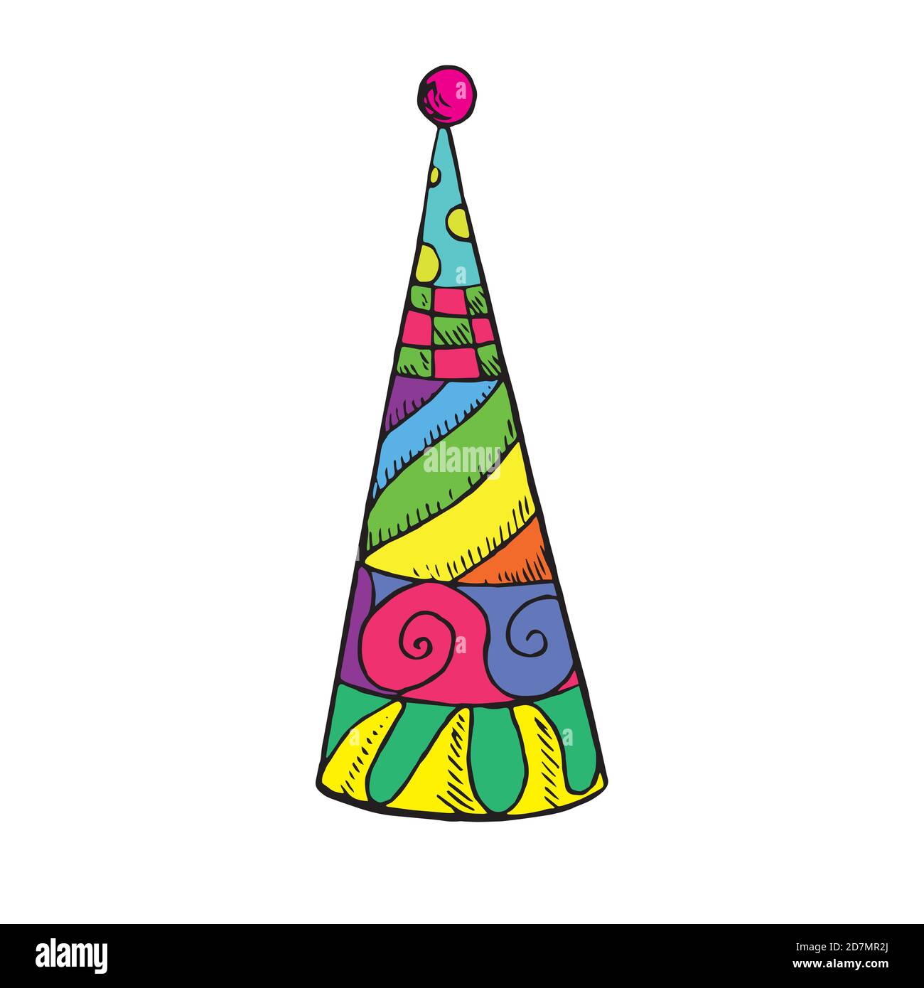 Cappello da festa (celebrazione), schizzo di doodle disegnato a mano, illustrazione a colori isolata Foto Stock