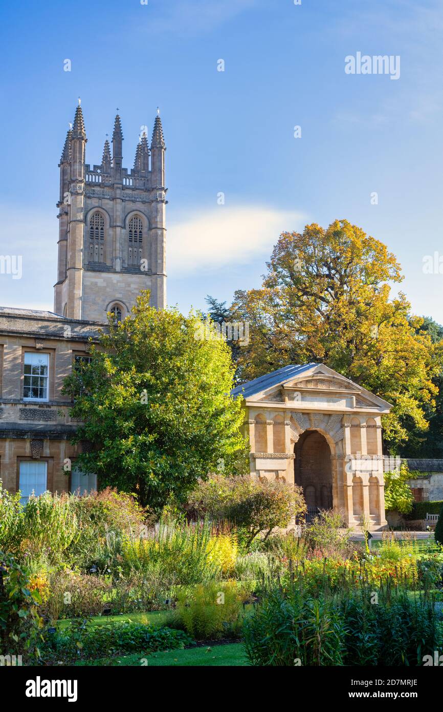 Giardini botanici di Oxford con la torre Magdalen in lontananza in autunno. Oxford, Oxfordshire, Inghilterra Foto Stock