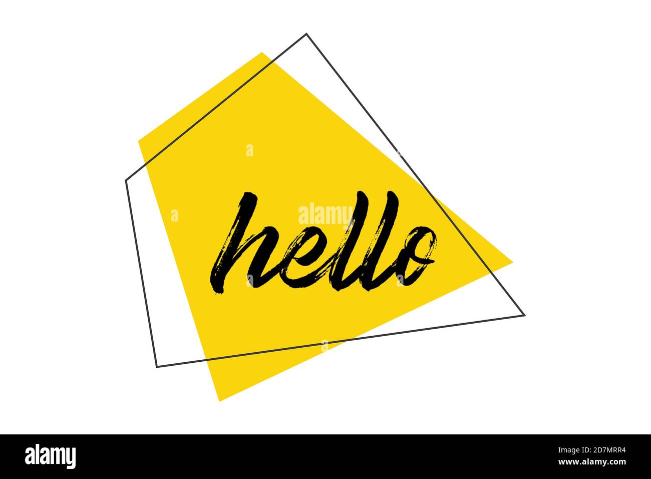 Design grafico moderno, vivace e audace di una parola "Hello" con forme geometriche trapezoidali di colore giallo. Tipografia scritta a mano con tratto di pennello. Foto Stock Design grafico moderno, vivace e audace di una parola "Hello" con forme geometriche trapezoidali di colore giallo. Tipografia scritta a mano con tratto di pennello. Foto Stock
