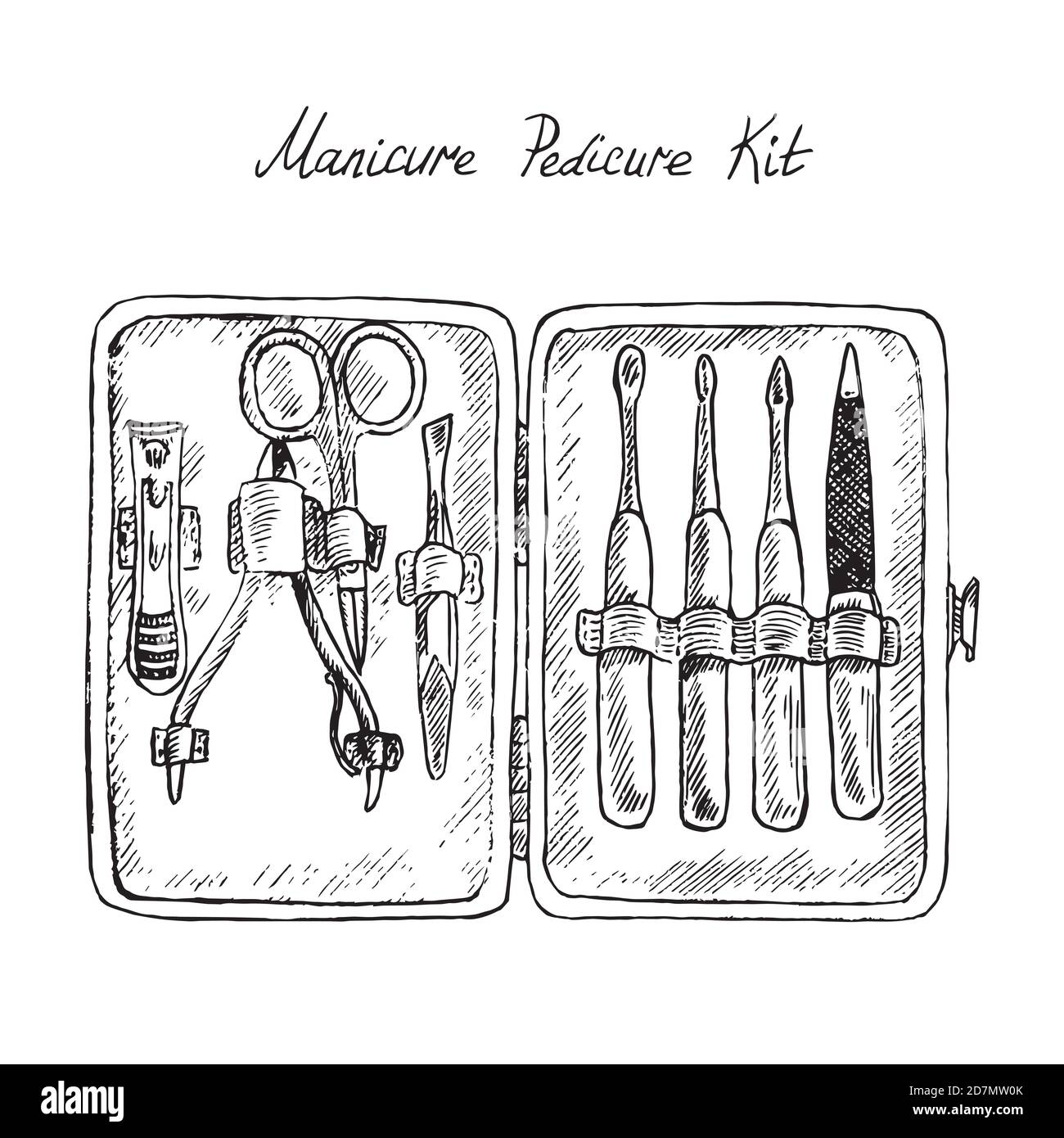Strumenti di base per unghie, manicure, kit pedicure, schizzo di doodle disegnato a mano con iscrizione, illustrazione a colori isolata Foto Stock