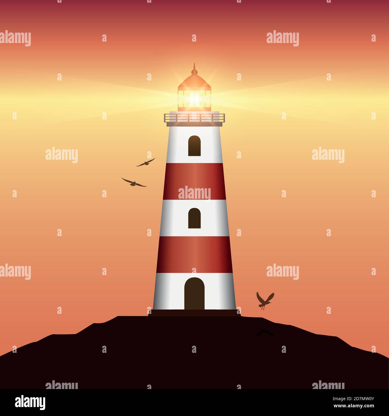 Faro luminoso al tramonto con uccelli volanti vettore illustrazione EPS10 Illustrazione Vettoriale