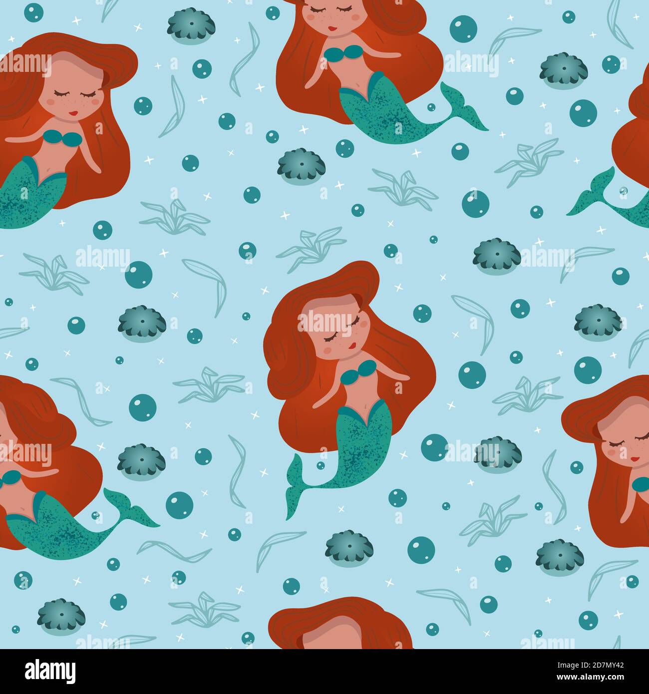 Mermaid ragazza modello senza giunture in rosa per stampe infantile o nido.  Sirena disegnata a mano con capelli rossi e coda verde con sfondo blu per  Immagine e Vettoriale - Alamy